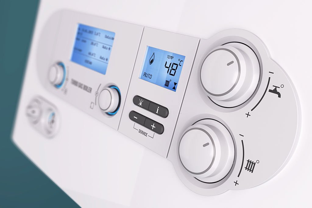 Smart control panel household gas boiler closeup 3d Smart control panel household gas boiler closeup 3d